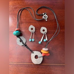 Ben-Amun 30” Disc Leather Rope Necklace & Earrings Set